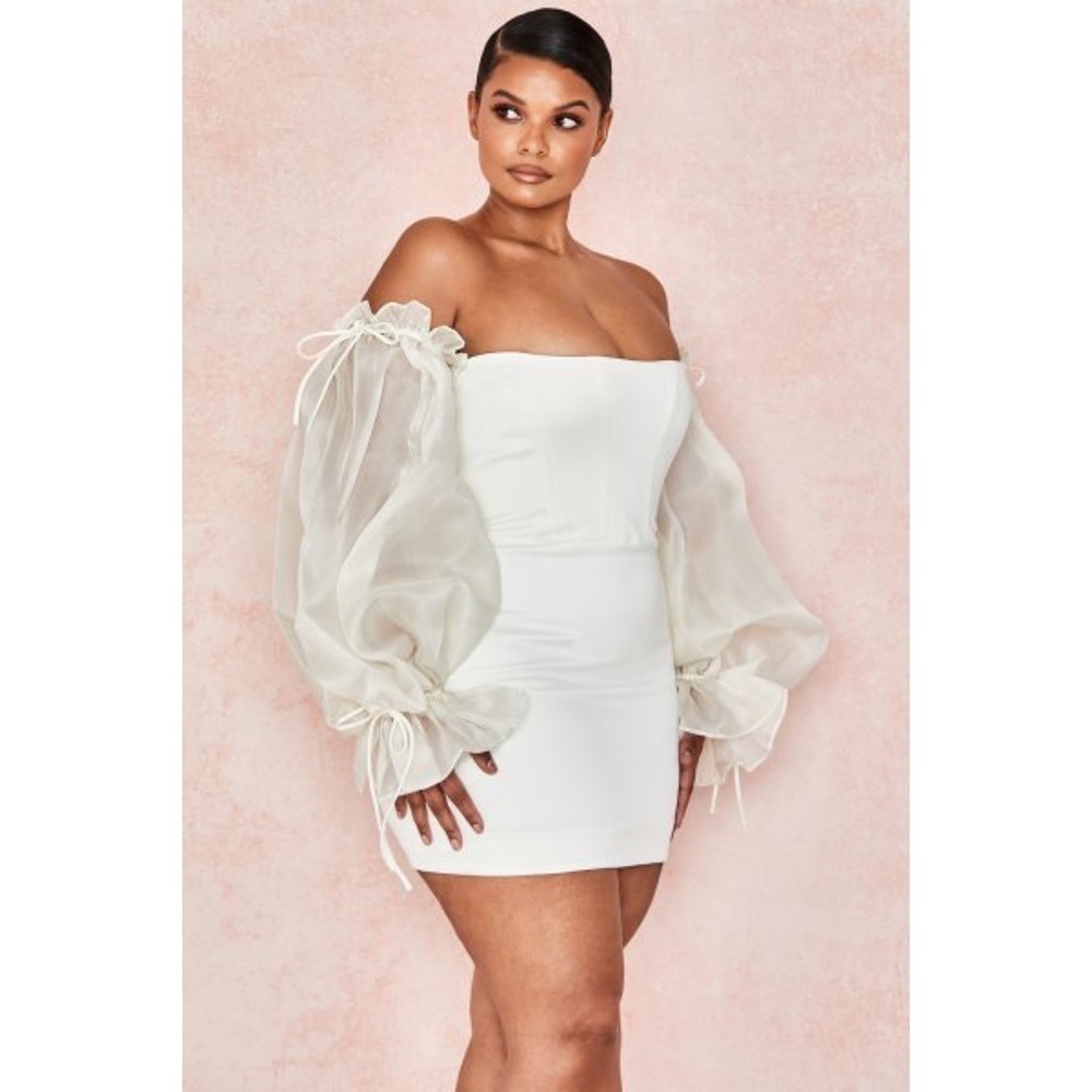 NWT House of CB Marisa Ivory Satin Corset Tulle Long Sleeves Mini Bodycon Dress - Picture 10 of 14